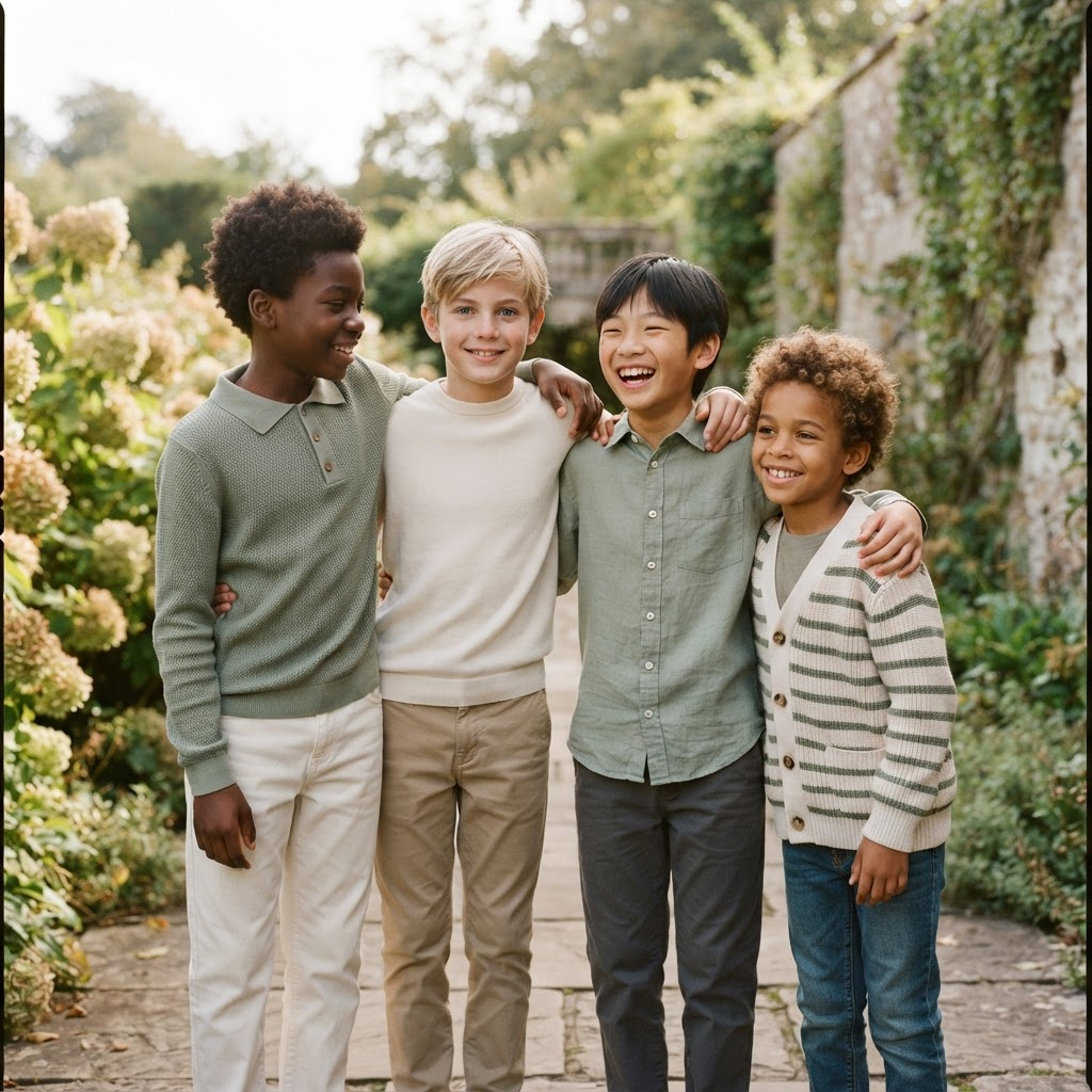 A diverse group of boys aged 8 to 16 smiling together