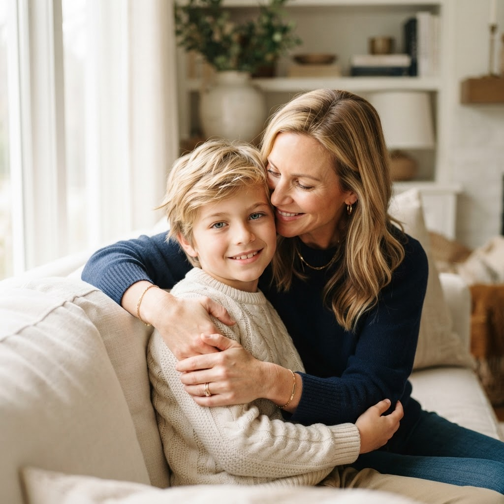 A mother embracing her smiling blonde-haired son